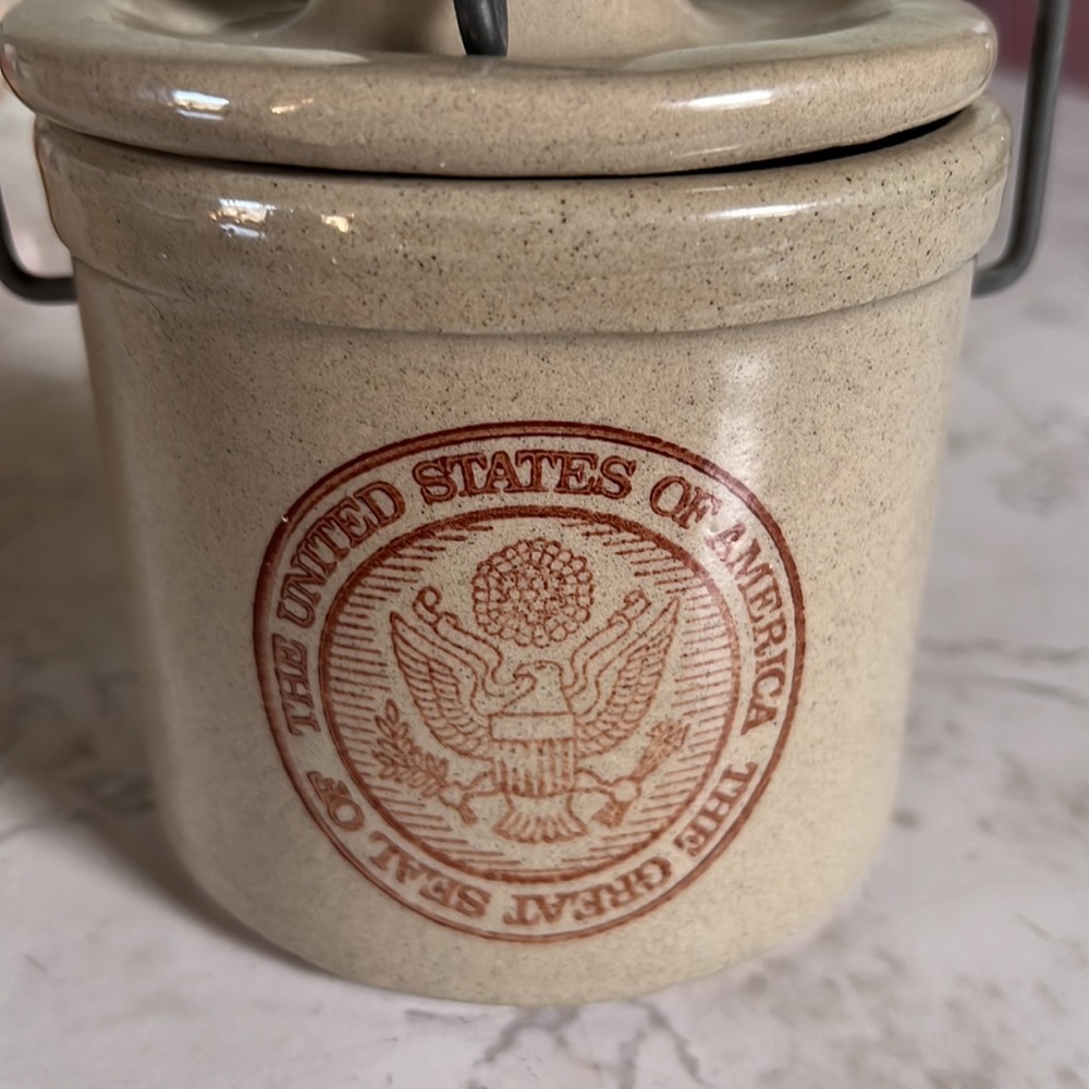Vintage United States of America Cheese Crock with Lid and Metal Handle